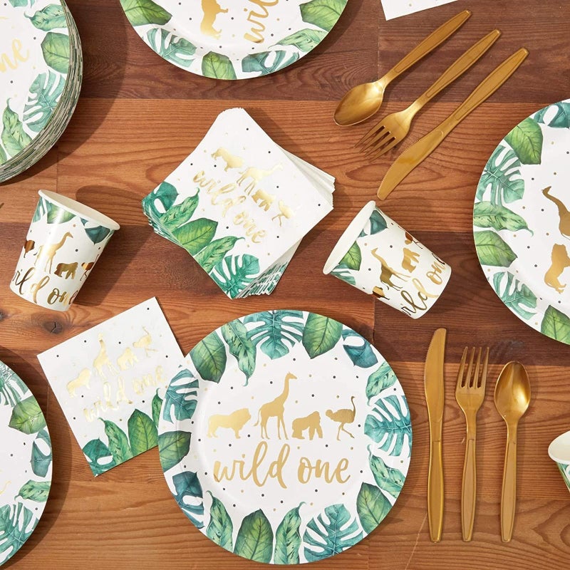 Sparkle and Bash 50 Pack Wild One Napkins for Jungle Safari First Birthday Party Supplies, Animal Print Napkins for Boys or Girls Party, Green Leaves with Gold Foil Accents (5 x 5 In) - Image 3